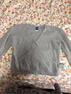 Gray Wrap-Style Ribbed Women's Sweater